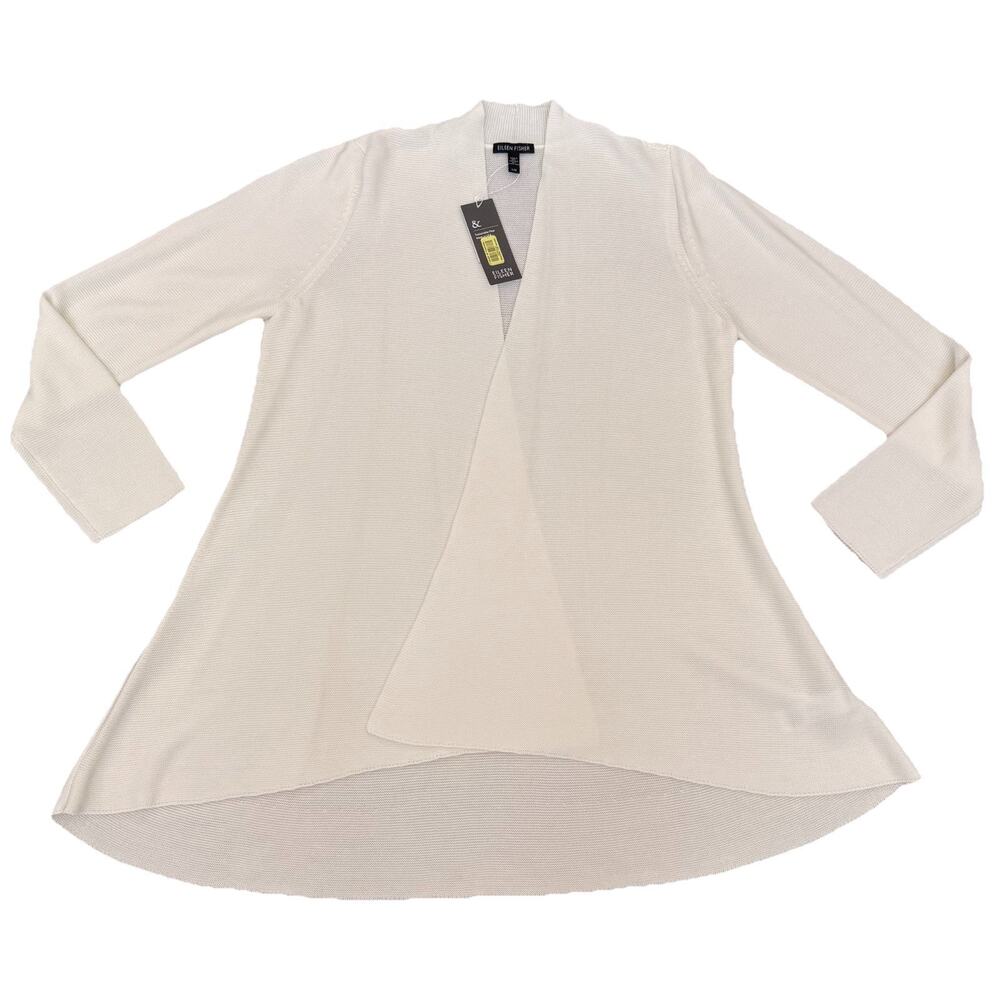 Eileen Fisher Sweater Large Cream Open Wrap Stretch Tencel Knit Cardigan USA NWT